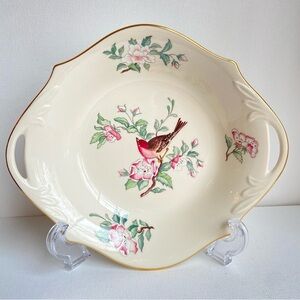 Lenox Serenade open candy dish handles gold trim in pink green floral with bird